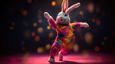 An AI-generated illustration of a colorful rabbit dancing joyfully against a dark backdrop.の素材