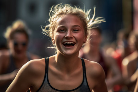 An AI-generated illustration of a young Caucasian female jogger beaming with joy.の素材