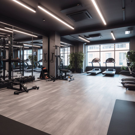 An AI generated illustration of illustration of a modern, well-lit gym interior, ideal for exercise and athletic activitiesの素材