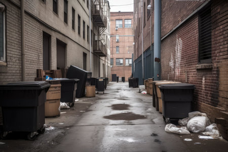 An AI generated illustration of an alley lined with tall buildings and multiple trash cansの素材
