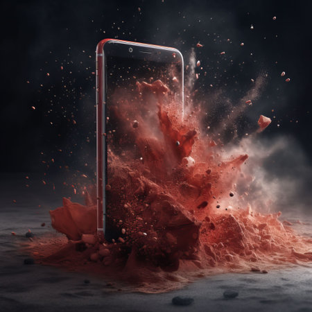 An AI generated illustration of a broken smartphone in a pile of red dust on a black backgroundの素材
