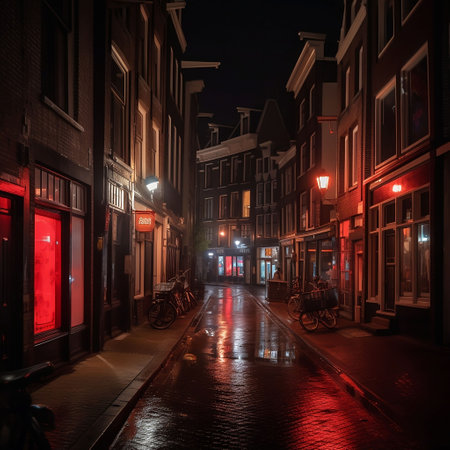 An AI generated illustration of a dimly lit street illuminated by multiple neon signs, with bicycles parked along the curbsideの素材