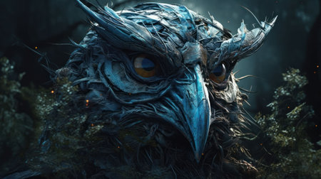 An AI generated illustration of a majestic owl face made with intertwining twigsの素材