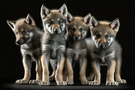 An AI generated illustration of a group of fluffy wolf babies on a black backgroundの素材