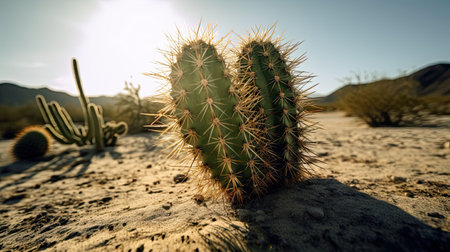 An AI-generated illustration of a cactus plant in a barren desert landscape.の素材