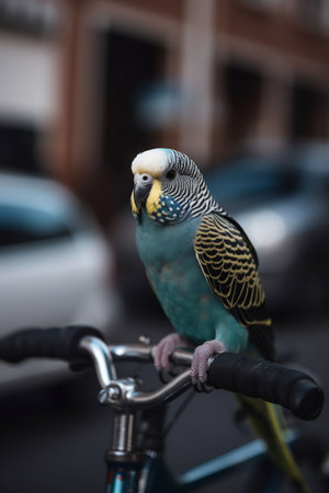 An AI-generated illustration of a budgie sitting on a bike handlebar.の素材