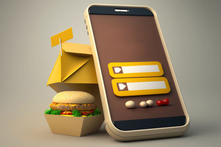 An AI generated illustration of A modern mobile phone displaying a hamburger with a notepad propped up against itの素材