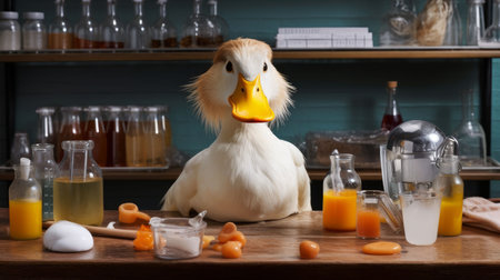 An AI generated illustration of a duck on a laboratory table with beakersの素材