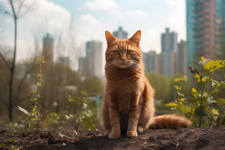 An AI generated illustration of A content ginger tabby cat sitting atop a pile of dirt in a lush green forestの素材