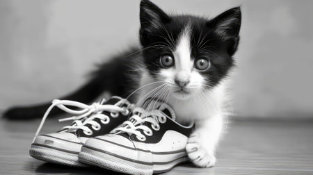 An AI-generated illustration of the grayscale of a kitten beside a pair of shoes.の素材