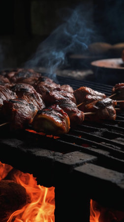 An AI generated illustration of delicious barbeque cooked on a grill gridの素材