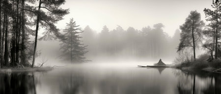 An AI generated illustration of a lake surrounded by a forest on a foggy dayの素材