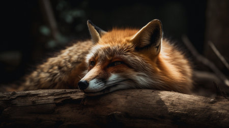 An AI generated illustration of a red fox on a log in a natural setting, its alert gaze surveying the areaの素材