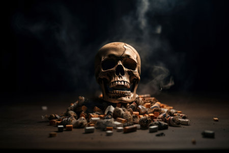 An AI generated illustration of a skull on a pack of cigarettes with a plume of smokeの素材