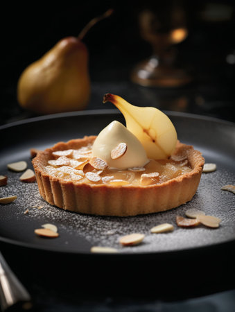 An AI generated illustration of a delicious dessert featuring ripe pears on the tartの素材