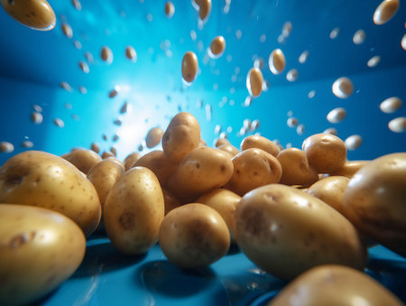 AI-generated illustration of potatoes scattered on a bright blue background.の素材