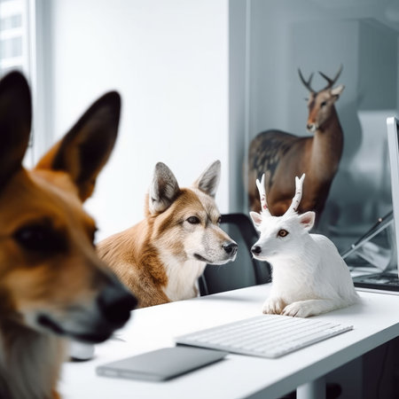 An AI generated illustration of two dogs and a white goat sitting next to each other at a deskの素材