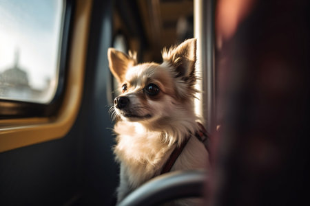 An AI-generated illustration of an adorable small dog riding the bus.の素材