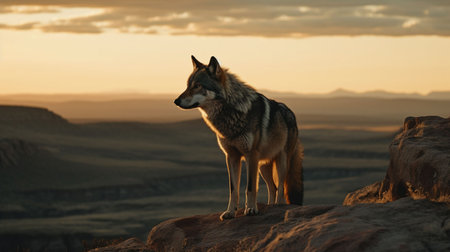 An AI generated illustration of a majestic gray wolf on rocky precipice, gazing out into the horizon with a determined expressionの素材