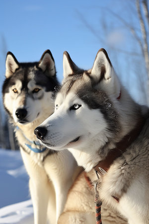 An AI generated illustration of two huskies on a snow-covered landscape, enjoying the winter wonderlandの素材