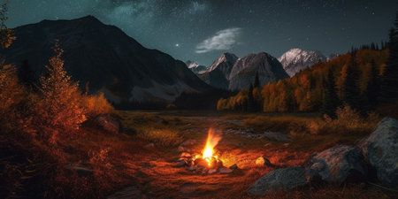 An AI-generated illustration of a campfire in the mountains at nightの素材