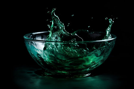 An AI generated illustration of a single water droplet is illuminated by a beam of light on the surface of a body of waterの素材