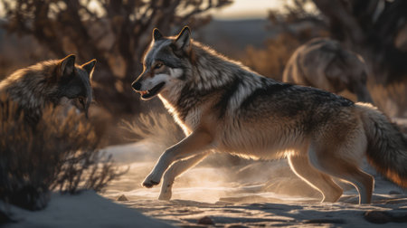An AI generated illustration of three gray wolves running across a winter landscapeの素材