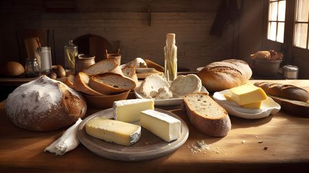 An AI-generated illustration of an inviting spread of crusty bread, artisanal cheeses, and accompaniments on a wooden tableの素材