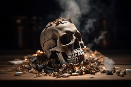 An AI generated illustration of a skull on a pack of cigarettes with a plume of smokeの素材