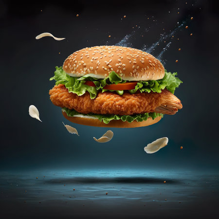 An AI generated illustration of a chicken sandwich featuring fresh lettuce, tomato, onion slices floating in the air - great for food advertisementの素材