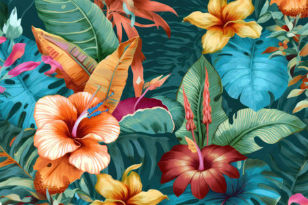 An AI generated illustration of a bright and vivid tropical floral pattern backgroundの素材