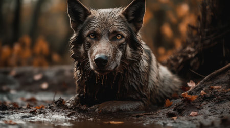 An AI generated illustration of a majestic gray wolf in a grassy, muddy forestの素材