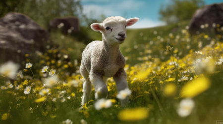 An AI generated lamb in landscape of lush green grassの素材