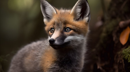 An AI-generated illustration of a close-up of a fox cub in the woodsの素材