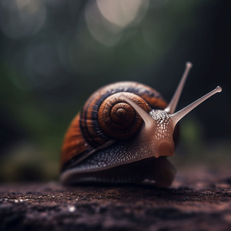 An AI generated illustration of a small snail, crawling down a path in a lush forestの素材