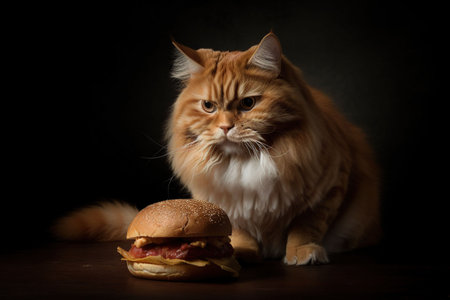 An AI generated illustration of a chubby cat sitting next to a hamburgerの素材
