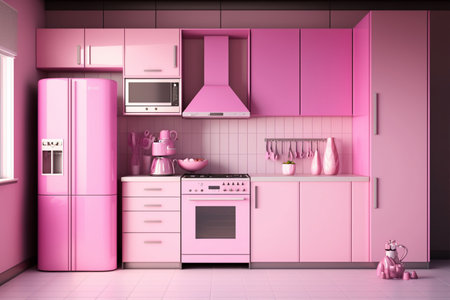 An AI generated illustration of A bright and cheerful kitchen interior featuring a range of pink appliances and cabinets, and a unique pink teapotの素材