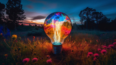 An AI generated illustration of a vibrant light bulb in an open field in the evening, environmental conceptの素材