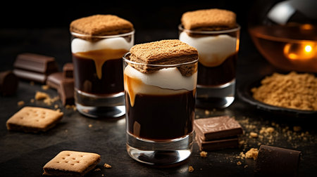An AI generated illustration of s'mores craft cocktail shots on a tableの素材