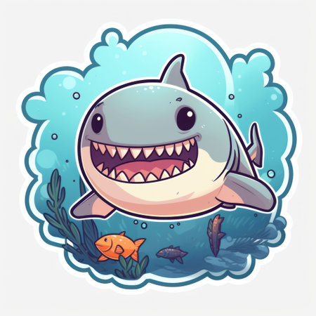 An AI generated illustration of a small, cheerful shark swimming in the oceanの素材