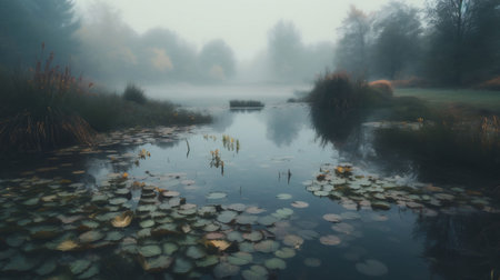 An AI generated illustration of a tranquil pond blanketed in fog, with lush lily pads floating on the surface and tall trees in the backgroundの素材