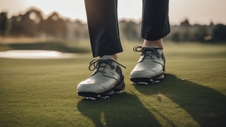 An AI generated illustration of a golfer's feet standing on lush green grassの素材