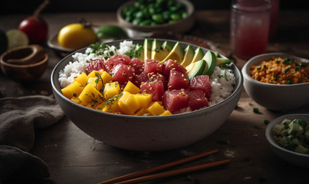 An AI-generated illustration of a poke bowl.の素材