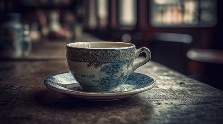 An AI generated illustration of a vintage porcelain cup and saucer set on a white tabletopの素材
