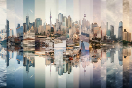 An AI generated illustration of a multicolored collage of photographs featuring various buildingsの素材