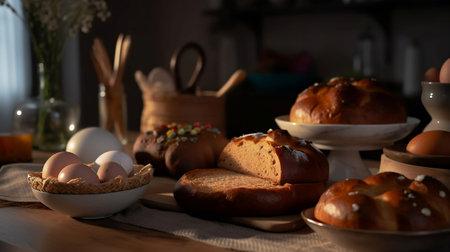 An AI generated illustration of A variety of freshly-baked breads are arranged next to ceramic plates of boiled eggsの素材