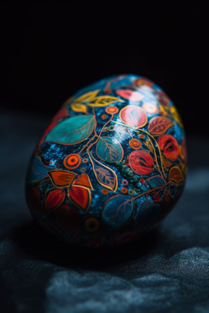 An AI-generated illustration of a uniquely crafted rock with abstract colorful design on a black backgroundの素材