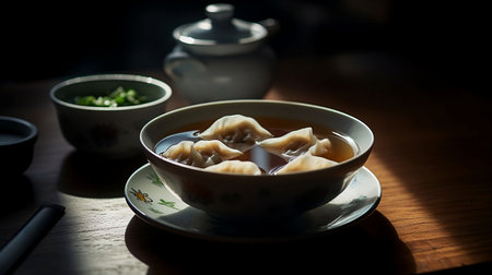 An AI generated illustration of a bowl of delicious dumpling soup on the tableの素材