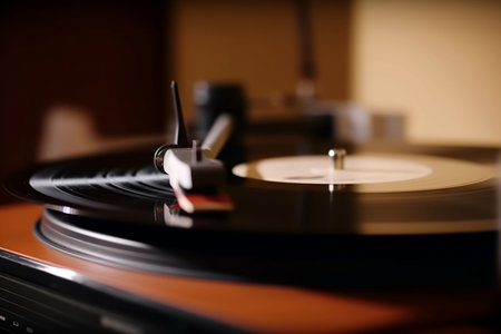 An AI generated illustration of An antique turntable record player sits on a wooden table with natural light illuminating the areaの素材