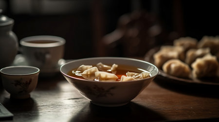An AI generated illustration of a bowl of delicious dumpling soup on the tableの素材